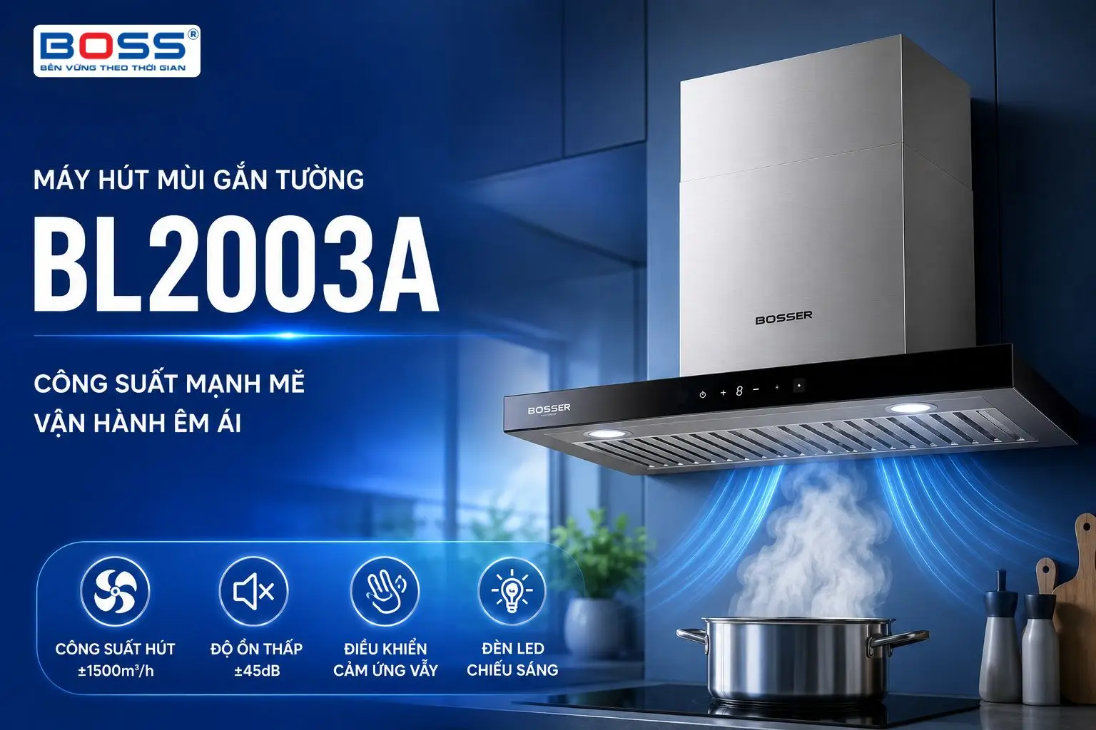 Máy hút mùi BL2003A2i sở hữu công suất mạnh mẽ, vận hành êm ái
