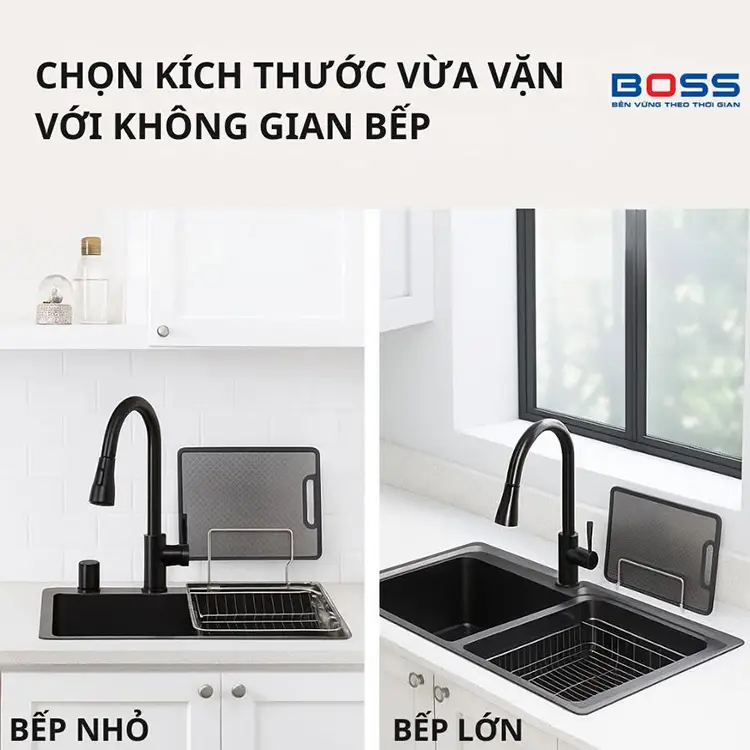 Kích thước chậu rửa cần phù hợp với không gian bếp