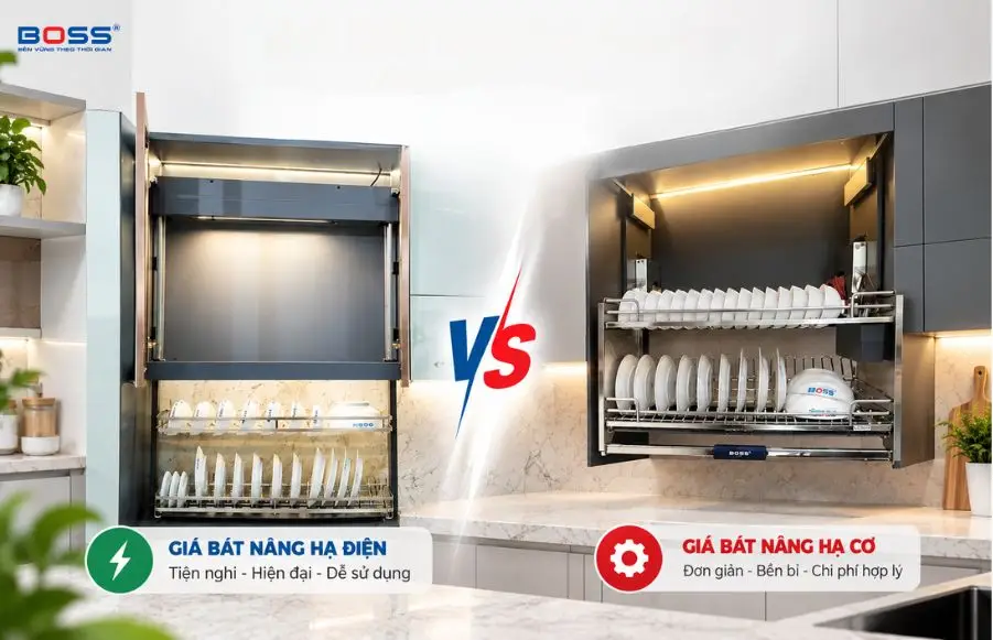 chọn giá bát đĩa nâng hạ điện hay cơ